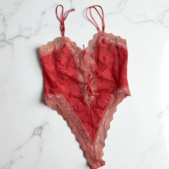 Victoria's Secret Other - VTG Victorias Secret Gold Label Bodysuit Teddy Sm Peach Lace  Bows Coquette Sexy